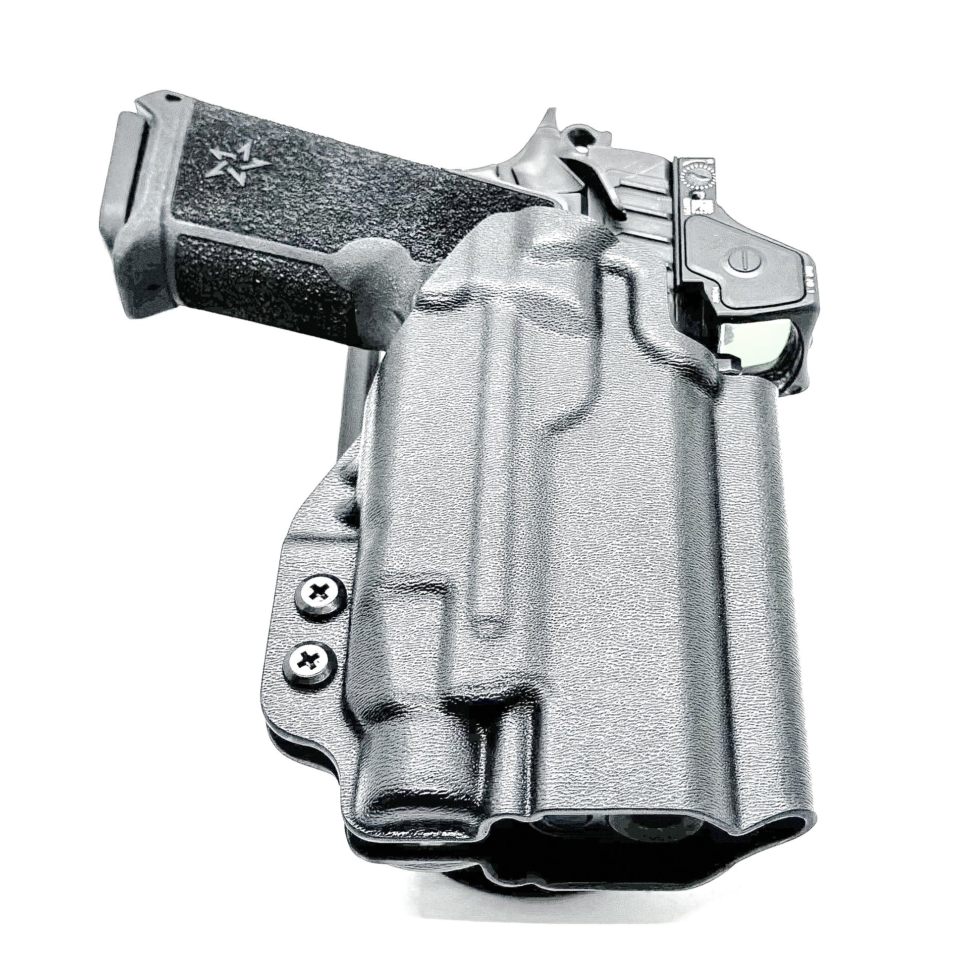 Precision-fit OWB outside the waistband duty & competition holster for the Staccato HD P4 and Streamlight TLR-7 HL-X from Four Brothers. Made in the USA.