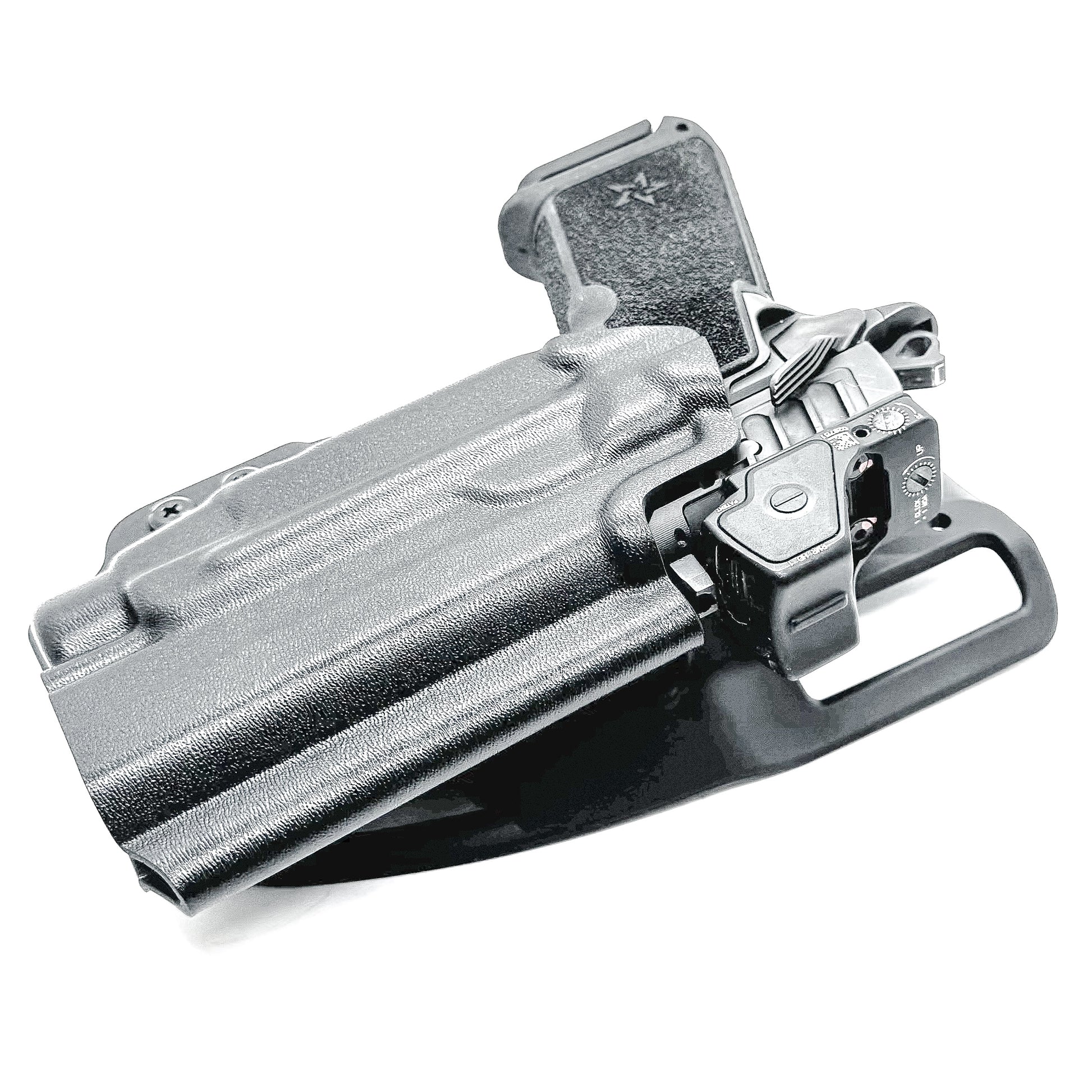 Precision-fit OWB outside the waistband duty & competition holster for the Staccato HD P4 and Streamlight TLR-7 HL-X from Four Brothers. Made in the USA.