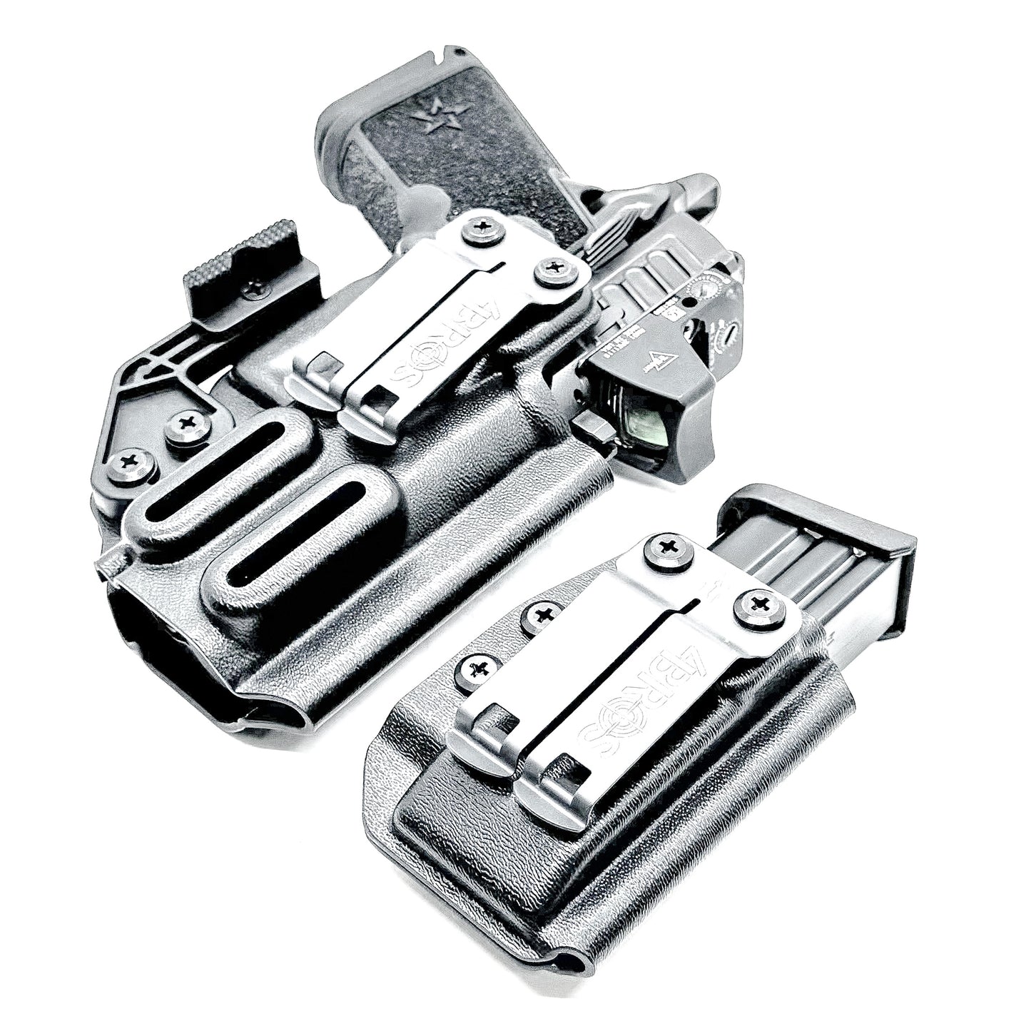 IWB holster combo for Staccato HD C3.6 and Glock 9MM mags. Includes mag carrier, Modwing, and Monoblock clips. Ships fast from the USA.