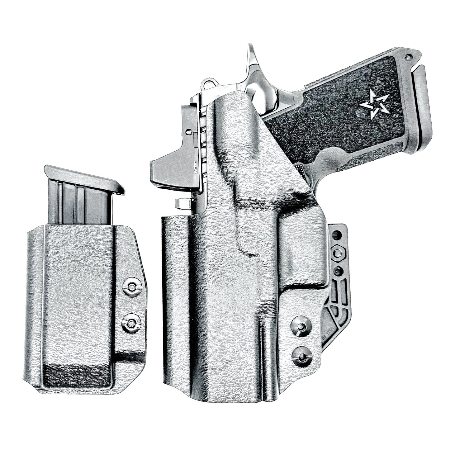 IWB holster combo for Staccato HD C3.6 and Glock 9MM mags. Includes mag carrier, Modwing, and Monoblock clips. Ships fast from the USA.