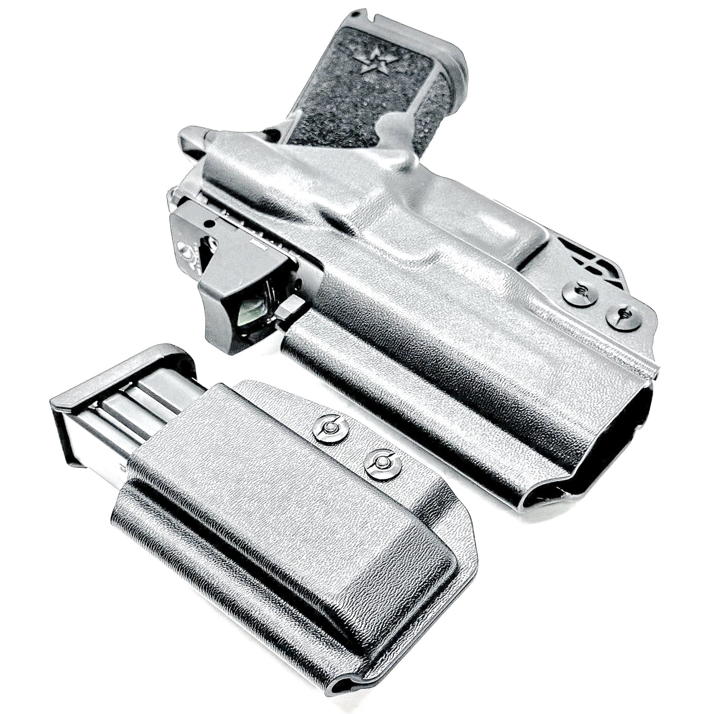 IWB holster combo for Staccato HD C3.6 and Glock 9MM mags. Includes mag carrier, Modwing, and Monoblock clips. Ships fast from the USA.