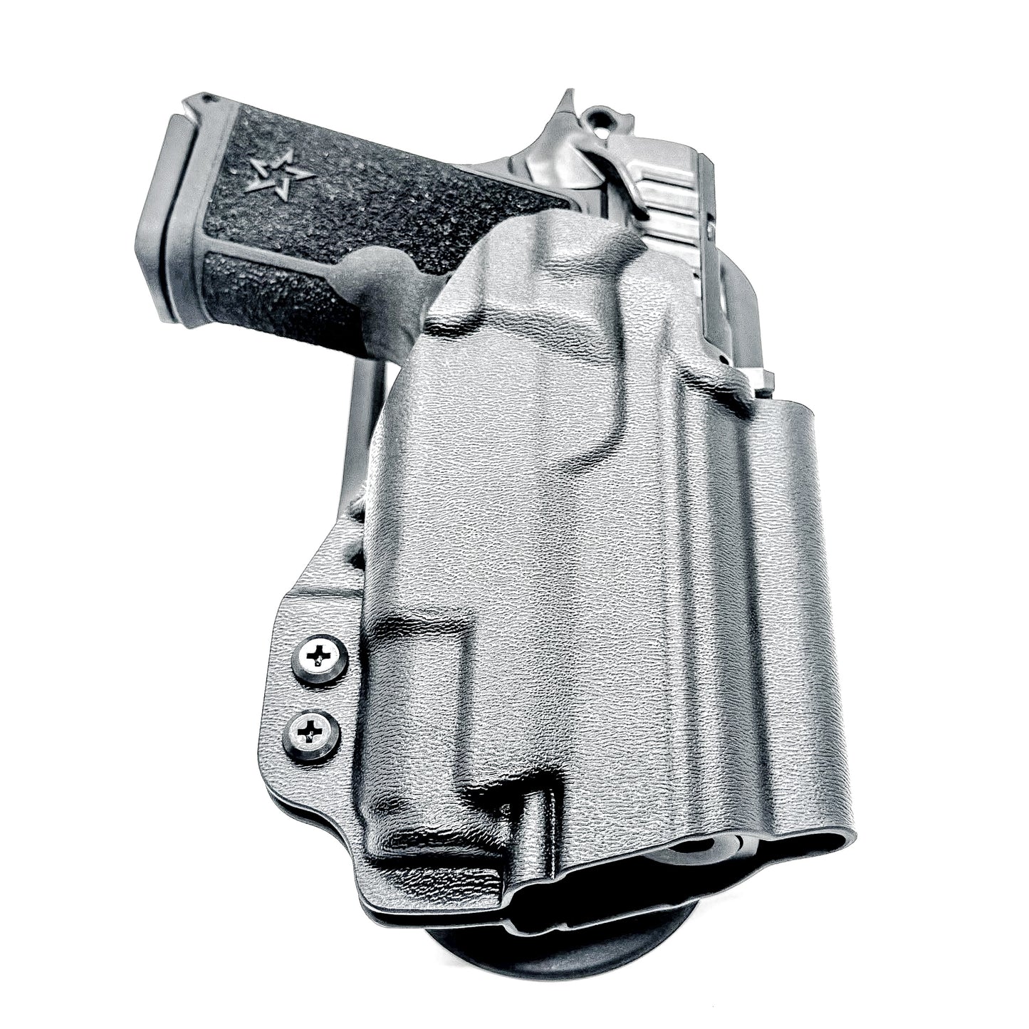 Staccato C3.6 Surefire XC3 OWB holster for Outside Waistband light duty & competition setups.  Shown in black with a duty drop attachment. 