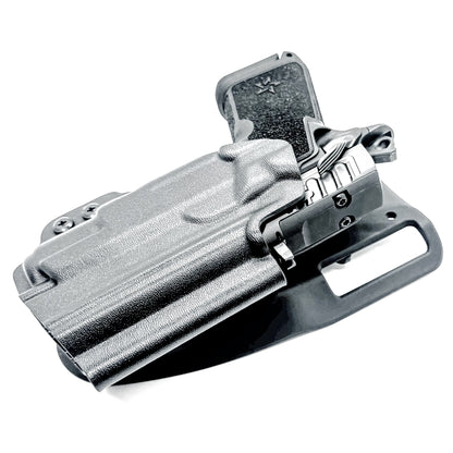 Staccato C3.6 Surefire XC3 OWB holster for Outside Waistband light duty & competition setups.  Shown in black with a duty drop attachment. 