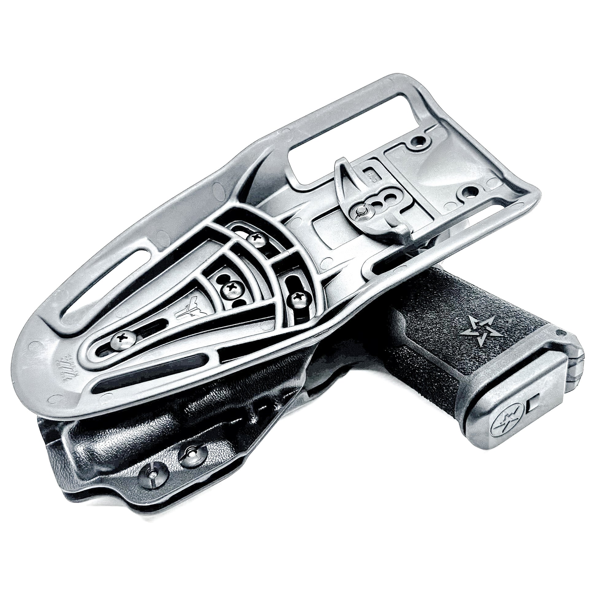 Staccato C3.6 Surefire XC3 OWB holster for Outside Waistband light duty & competition setups.  Shown in black with a duty drop attachment. 