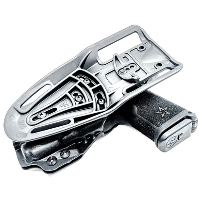 Staccato C3.6 Surefire XC3 OWB holster for Outside Waistband light duty & competition setups.  Shown in black with a duty drop attachment. 