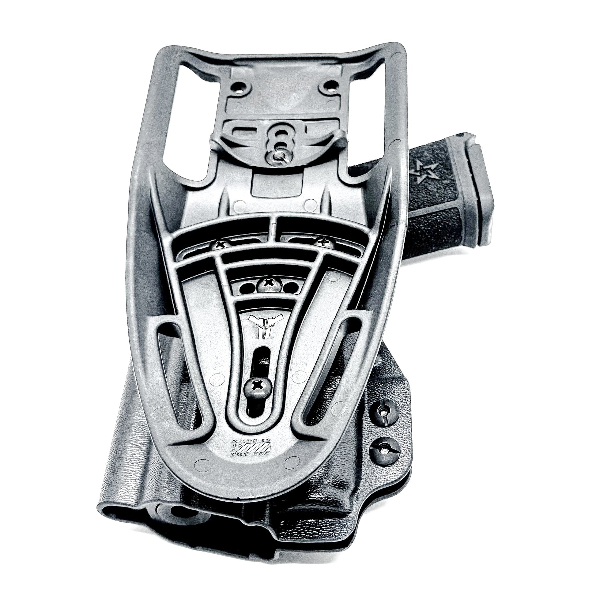 Staccato C3.6 Surefire XC3 OWB holster for Outside Waistband light duty & competition setups.  Shown in black with a duty drop attachment. 