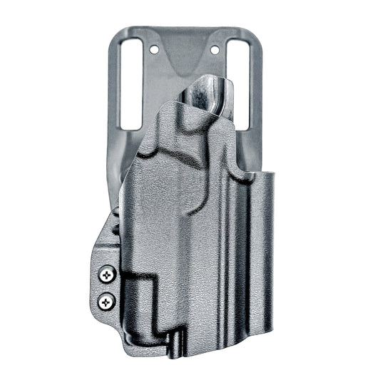 Staccato C3.6 Surefire XC3 OWB holster for Outside Waistband light duty & competition setups.  Shown in black with a duty drop attachment. 