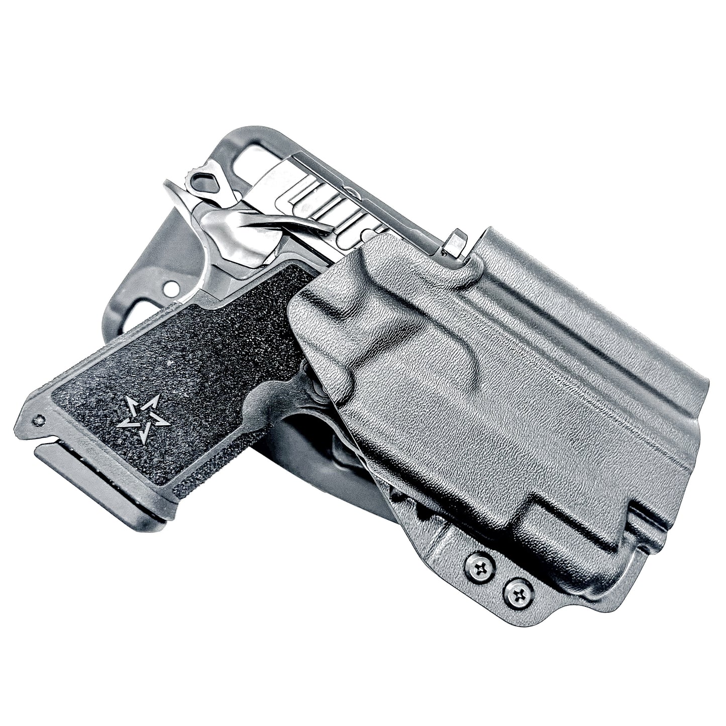 Staccato C3.6 Surefire XC3 OWB holster for Outside Waistband light duty & competition setups.  Shown in black with a duty drop attachment. 