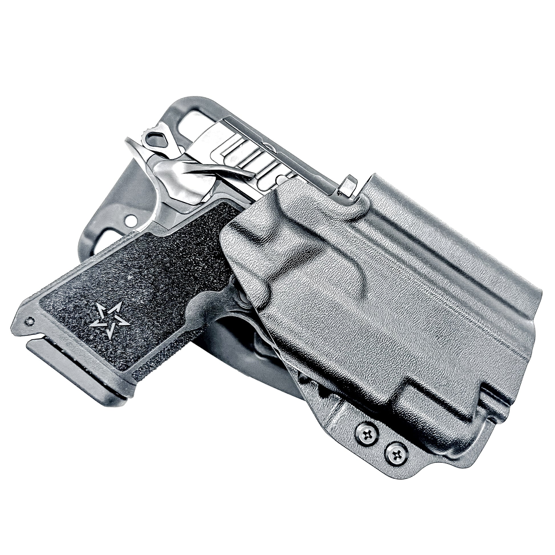 Staccato C3.6 Surefire XC3 OWB holster for Outside Waistband light duty & competition setups.  Shown in black with a duty drop attachment. 