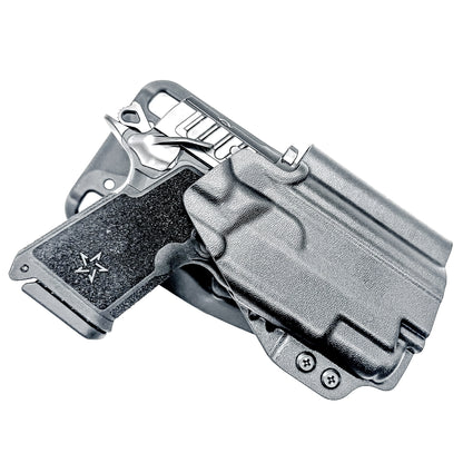 Staccato C3.6 Surefire XC3 OWB holster for Outside Waistband light duty & competition setups.  Shown in black with a duty drop attachment. 
