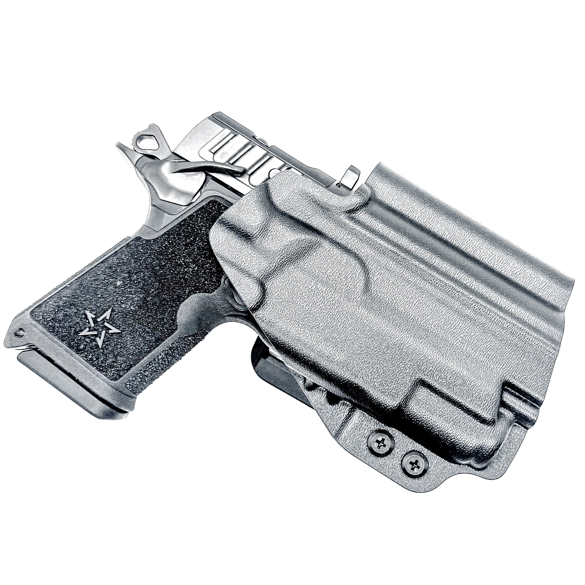 Durable Outside Waistband OWB holster for the Staccato C3.6 with a Surefire XC3 for range and open carry.   Shown in black with a 4BROS 1.5" Belt Slide.