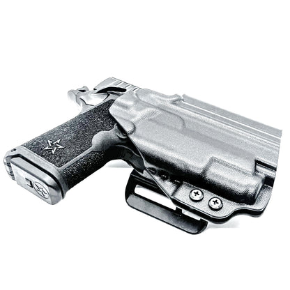 Durable Outside Waistband OWB holster for the Staccato C3.6 with a Surefire XC3 for range and open carry.   Shown in black with a 4BROS 1.5" Belt Slide.