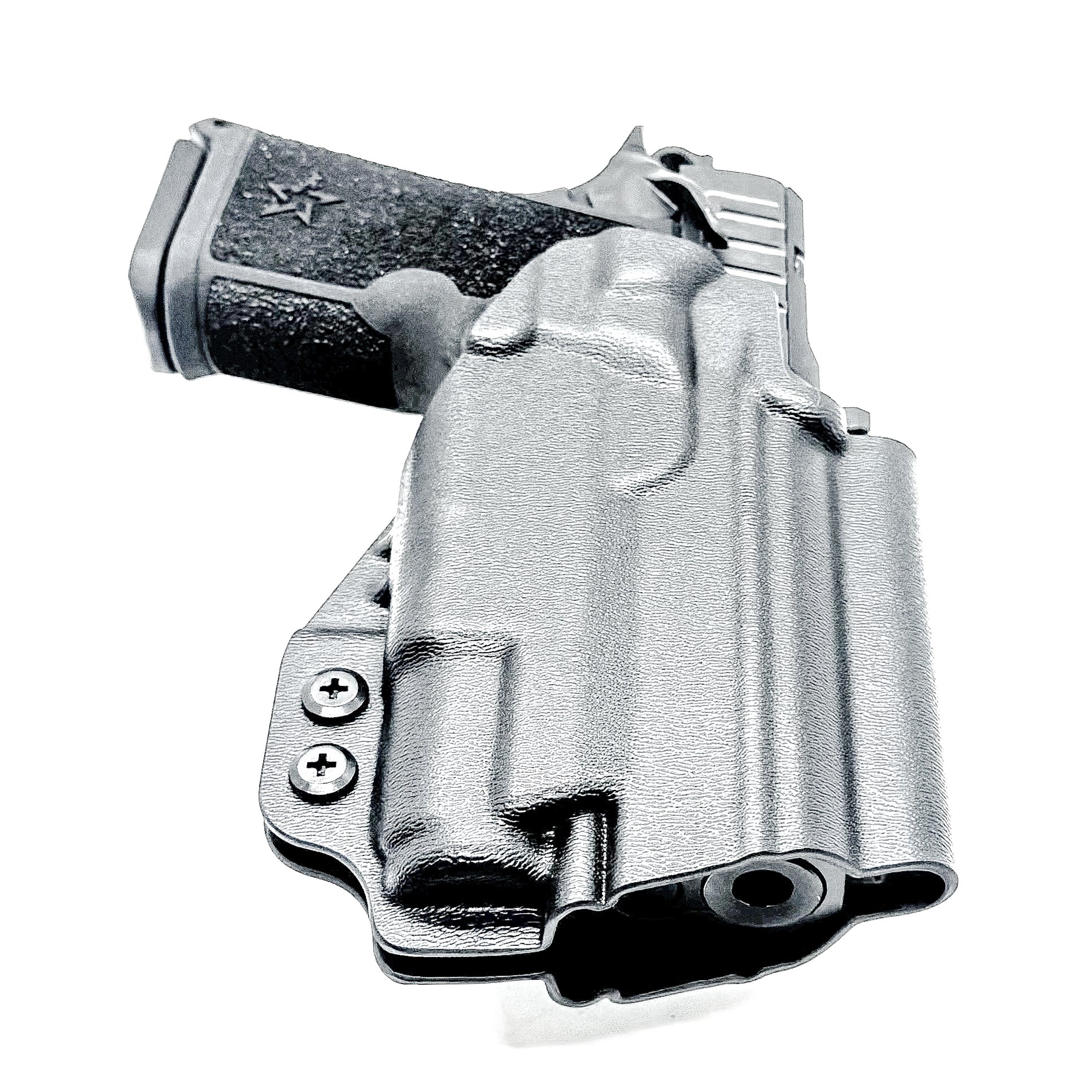 Durable Outside Waistband OWB holster for the Staccato C3.6 with a Surefire XC3 for range and open carry.   Shown in black with a 4BROS 1.5" Belt Slide.