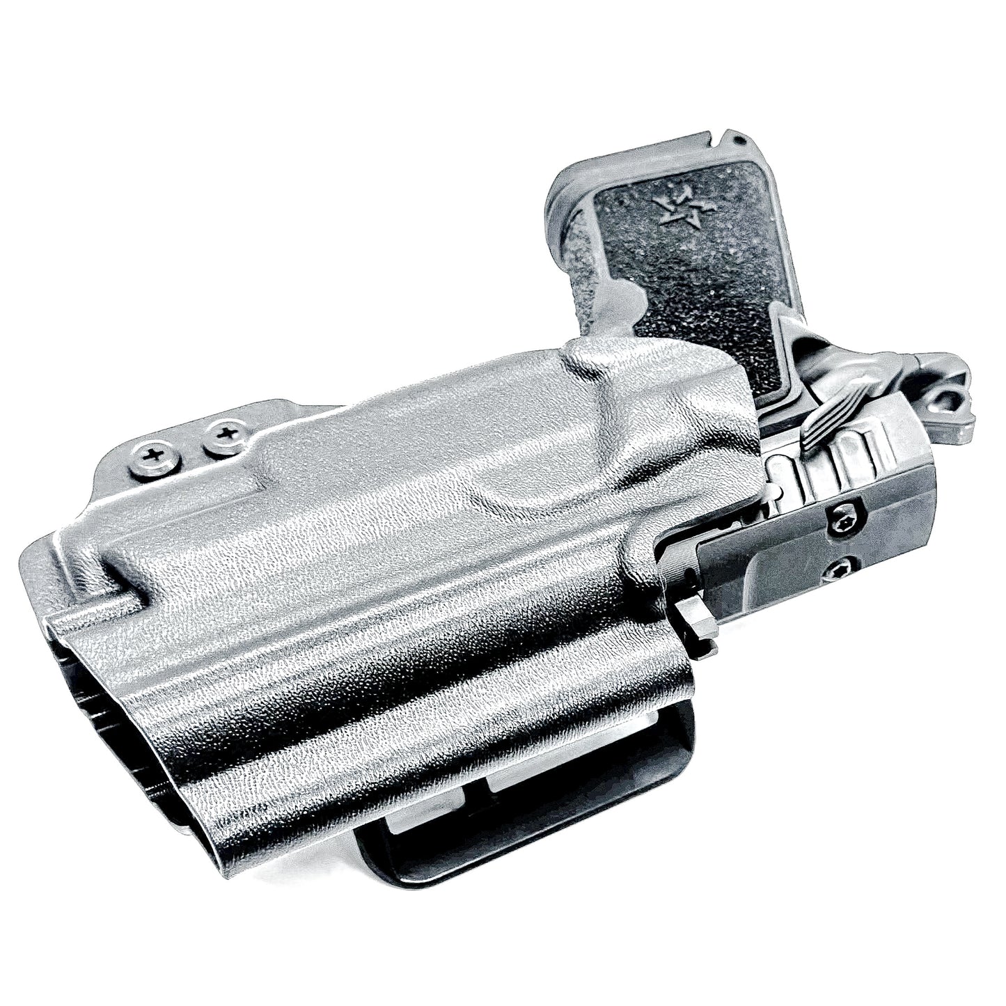 Durable Outside Waistband OWB holster for the Staccato C3.6 with a Surefire XC3 for range and open carry.   Shown in black with a 4BROS 1.5" Belt Slide.