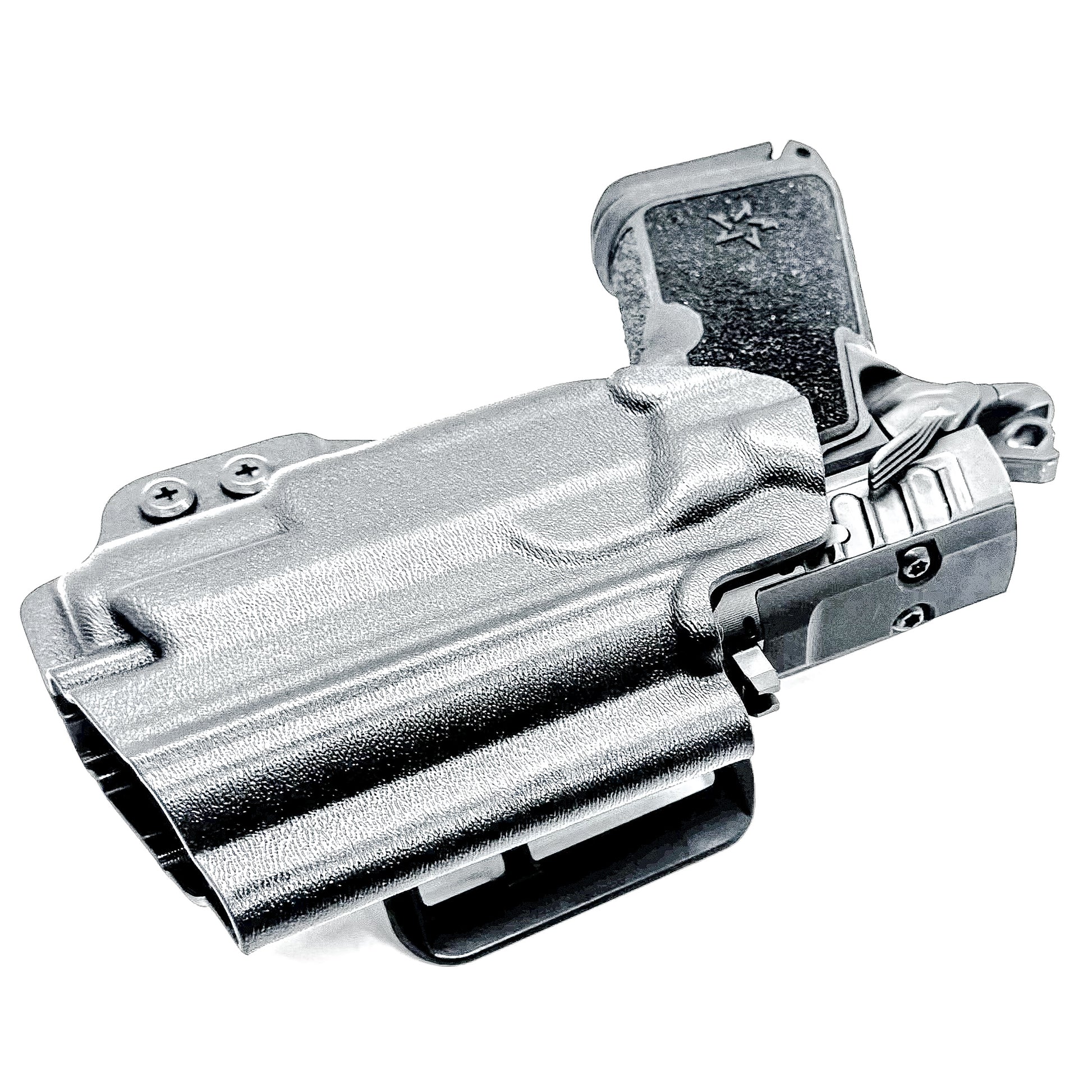 Durable Outside Waistband OWB holster for the Staccato C3.6 with a Surefire XC3 for range and open carry.   Shown in black with a 4BROS 1.5" Belt Slide.