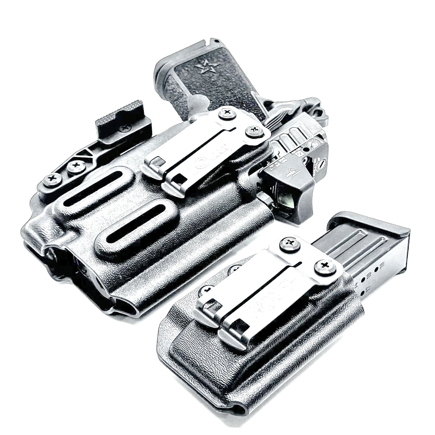 Custom IWB holster for Staccato HD C3.6 with Streamlight TLR-7 Sub and Glock 9 MM mag carrier. Optics-ready, adjustable, durable, and made in the USA.