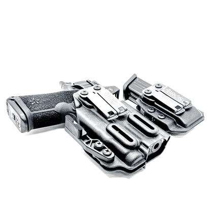 Custom IWB holster for Staccato HD C3.6 with Streamlight TLR-7 Sub and Glock 9 MM mag carrier. Optics-ready, adjustable, durable, and made in the USA.