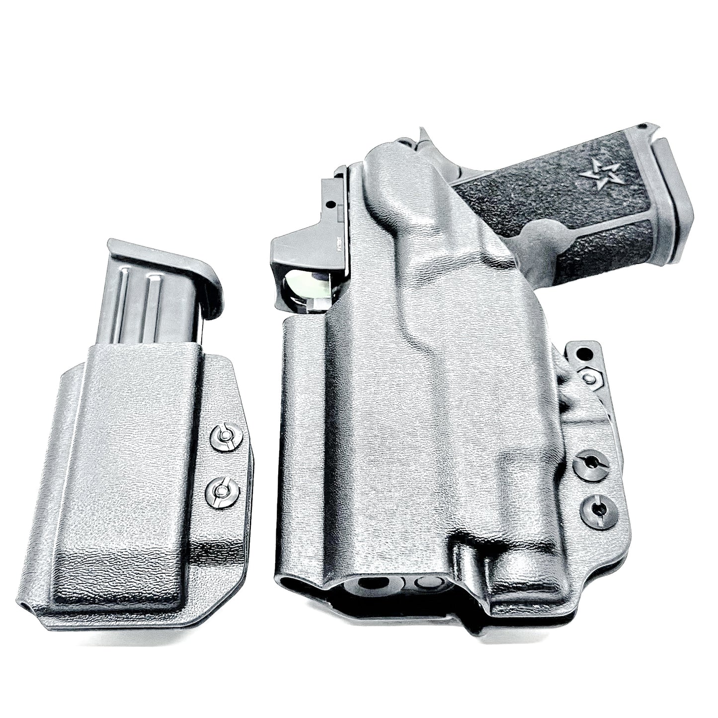 Custom IWB holster for Staccato HD C3.6 with Streamlight TLR-7 Sub and Glock 9 MM mag carrier. Optics-ready, adjustable, durable, and made in the USA.