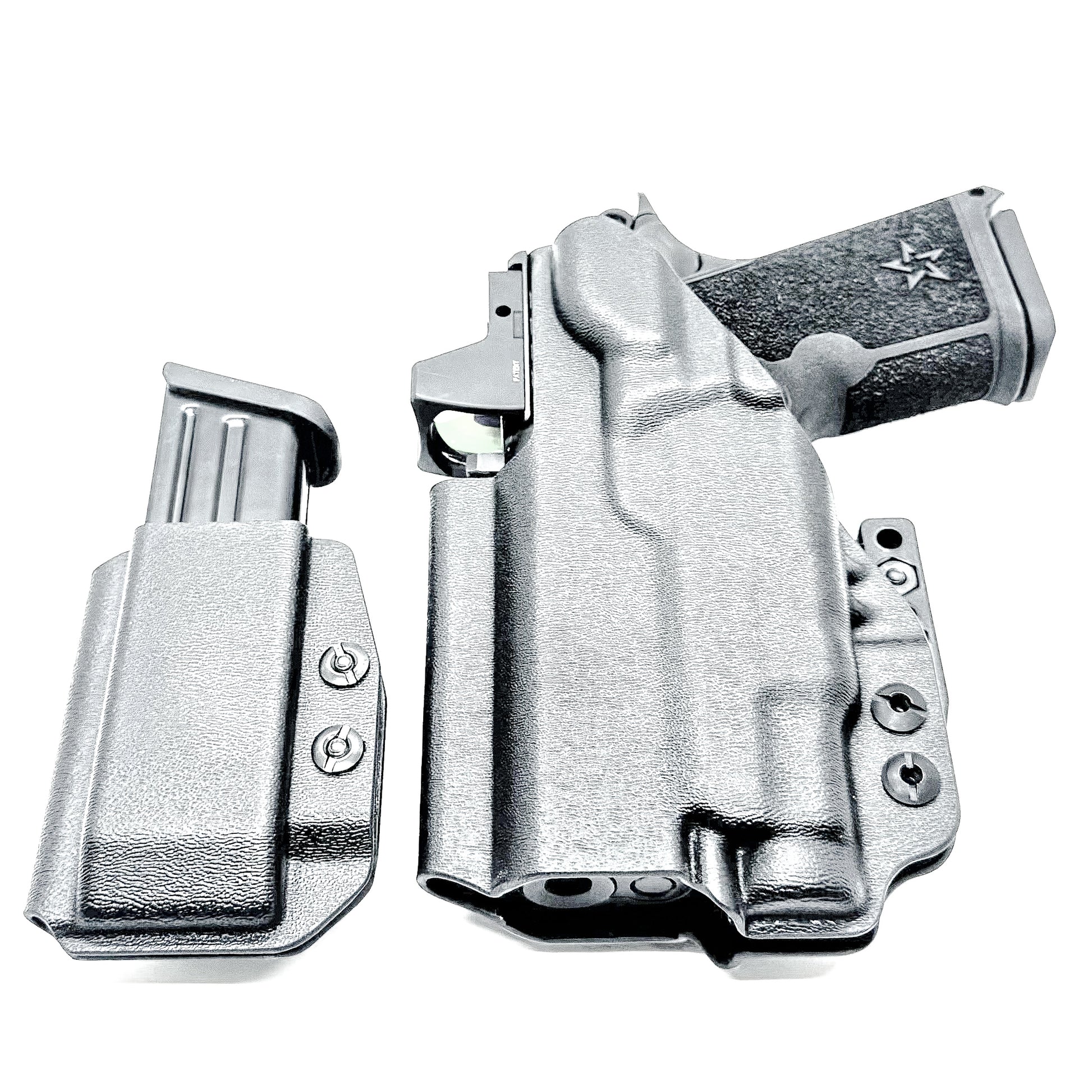 Custom IWB holster for Staccato HD C3.6 with Streamlight TLR-7 Sub and Glock 9 MM mag carrier. Optics-ready, adjustable, durable, and made in the USA.
