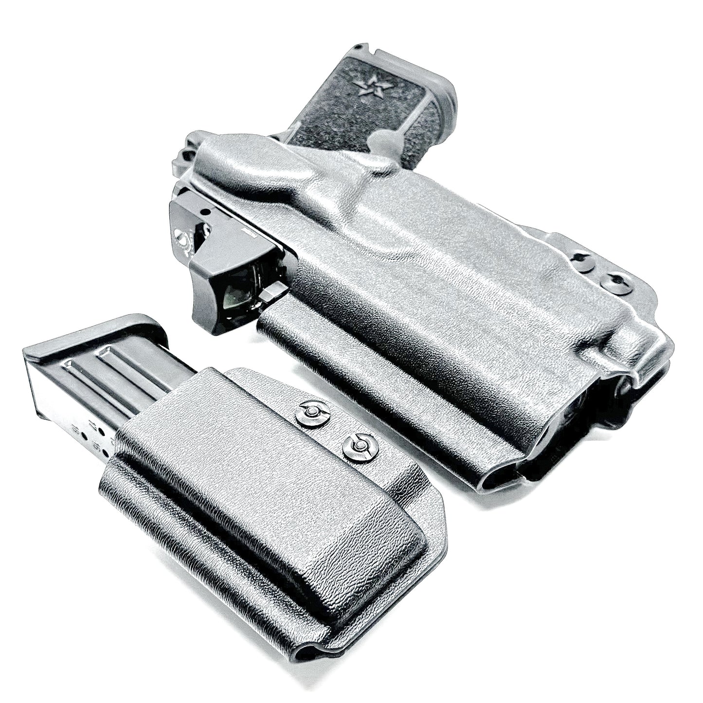 Custom IWB holster for Staccato HD C3.6 with Streamlight TLR-7 Sub and Glock 9 MM mag carrier. Optics-ready, adjustable, durable, and made in the USA.