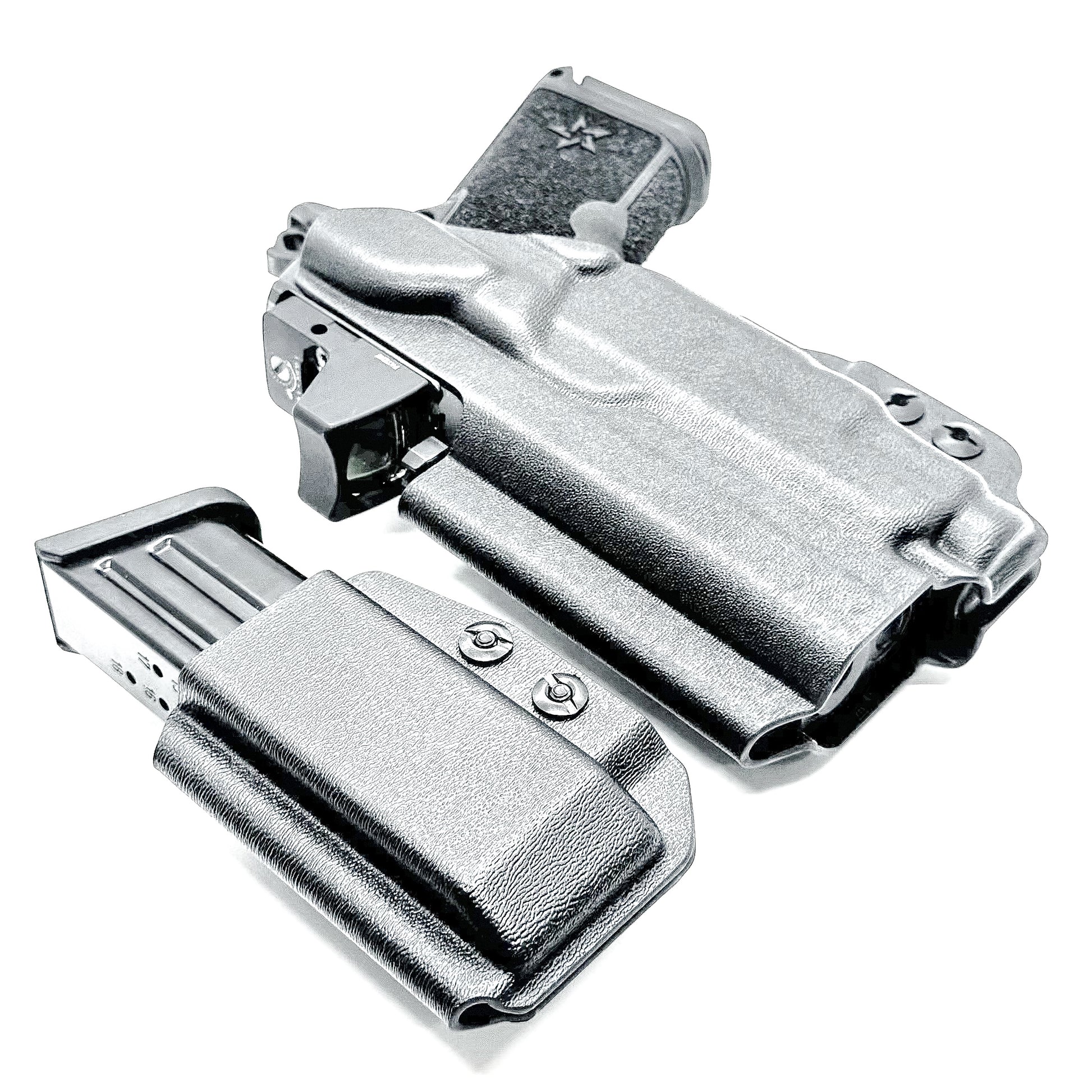 Custom IWB holster for Staccato HD C3.6 with Streamlight TLR-7 Sub and Glock 9 MM mag carrier. Optics-ready, adjustable, durable, and made in the USA.