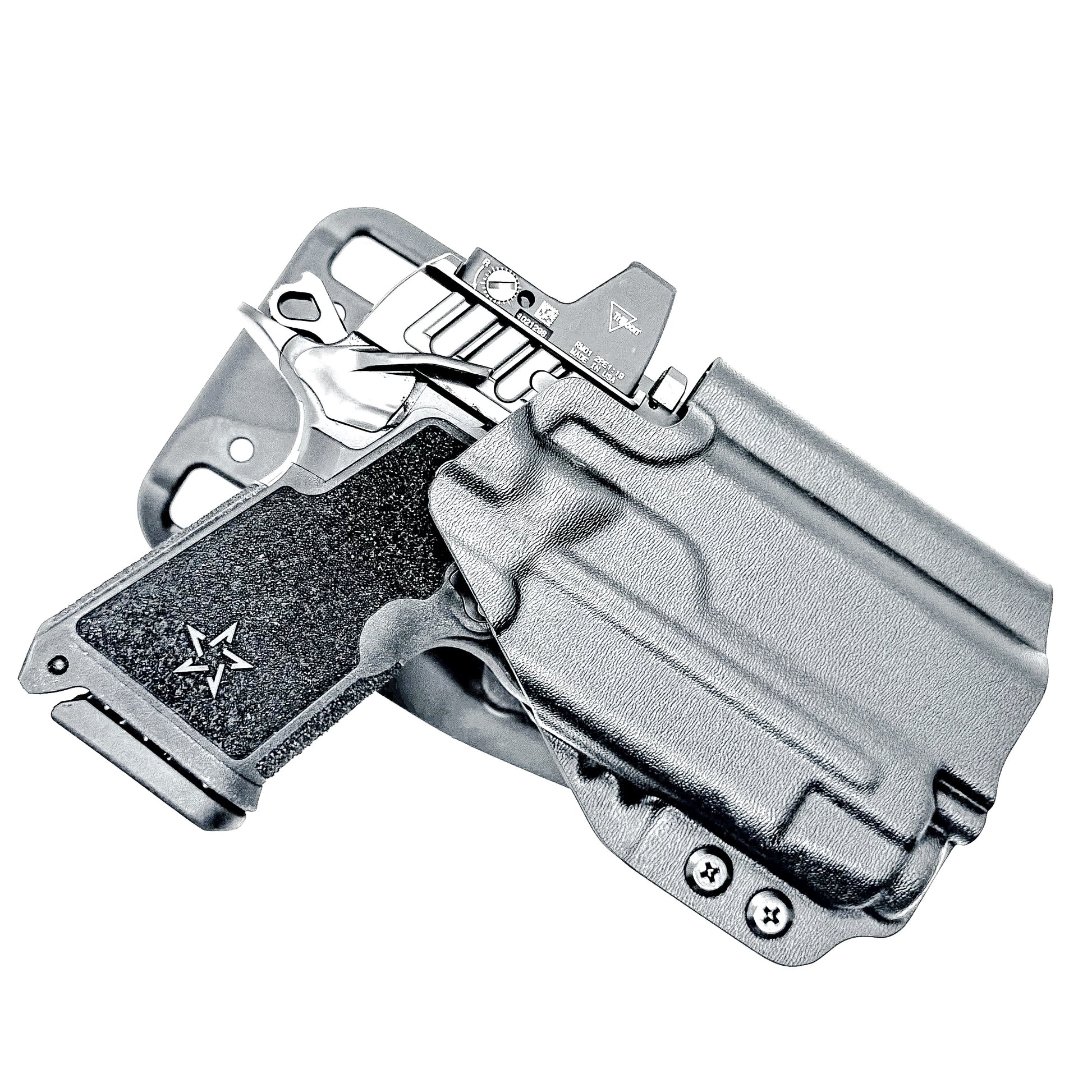 Black Duty and Competition OWB holster for the Staccato HD C3.6 and Strreamlight TLR-7 X with a duty drop attachment.