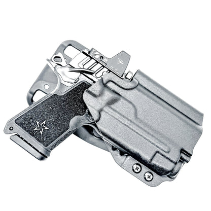 Black Duty and Competition OWB holster for the Staccato HD C3.6 and Strreamlight TLR-7 X with a duty drop attachment.