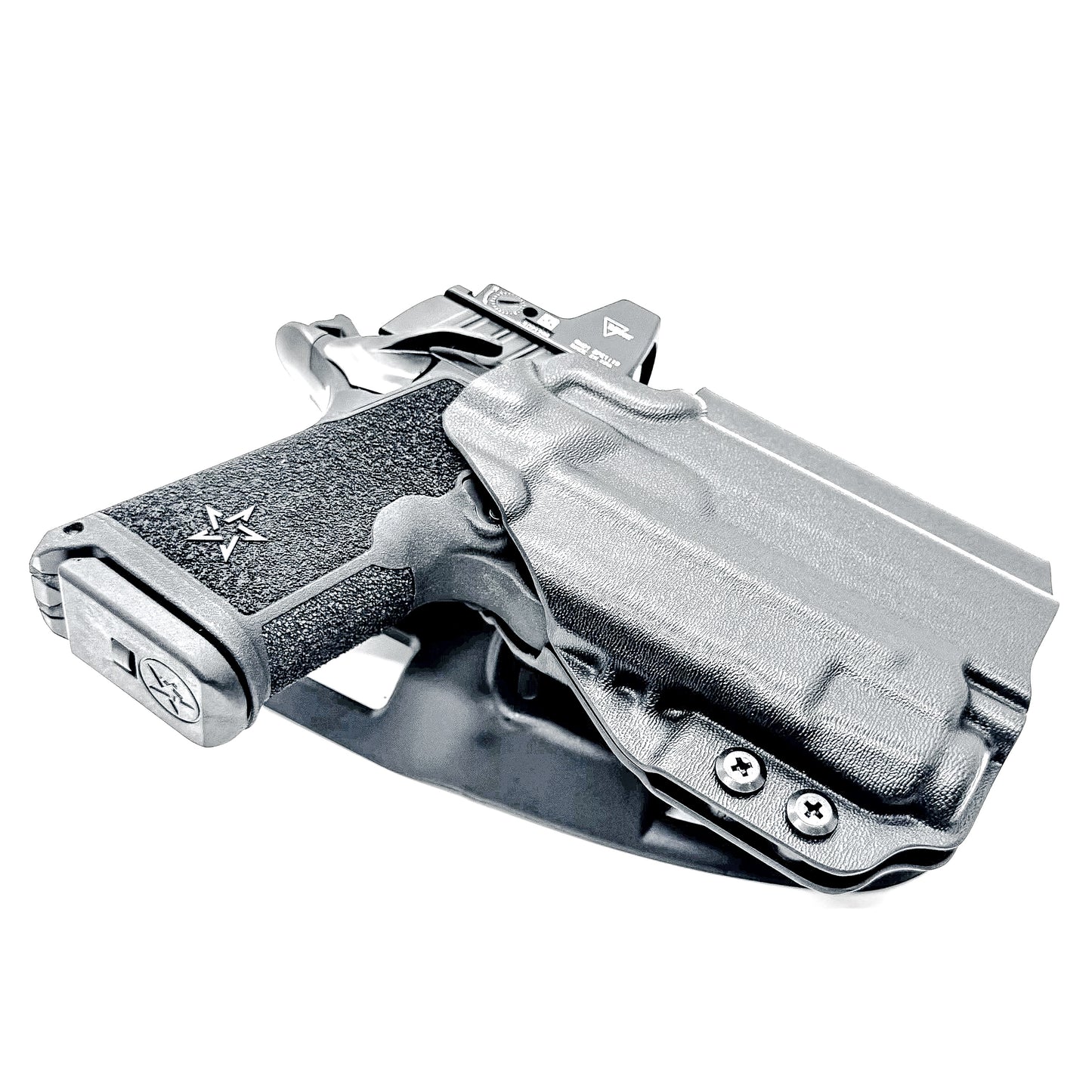 Black Duty and Competition OWB holster for the Staccato HD C3.6 and Strreamlight TLR-7 X with a duty drop attachment.