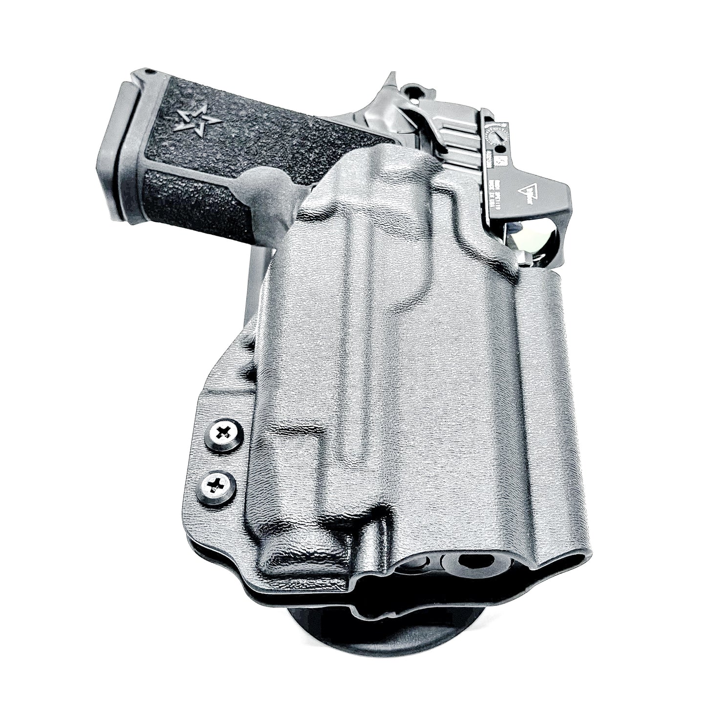 Black Duty and Competition OWB holster for the Staccato HD C3.6 and Strreamlight TLR-7 X with a duty drop attachment.