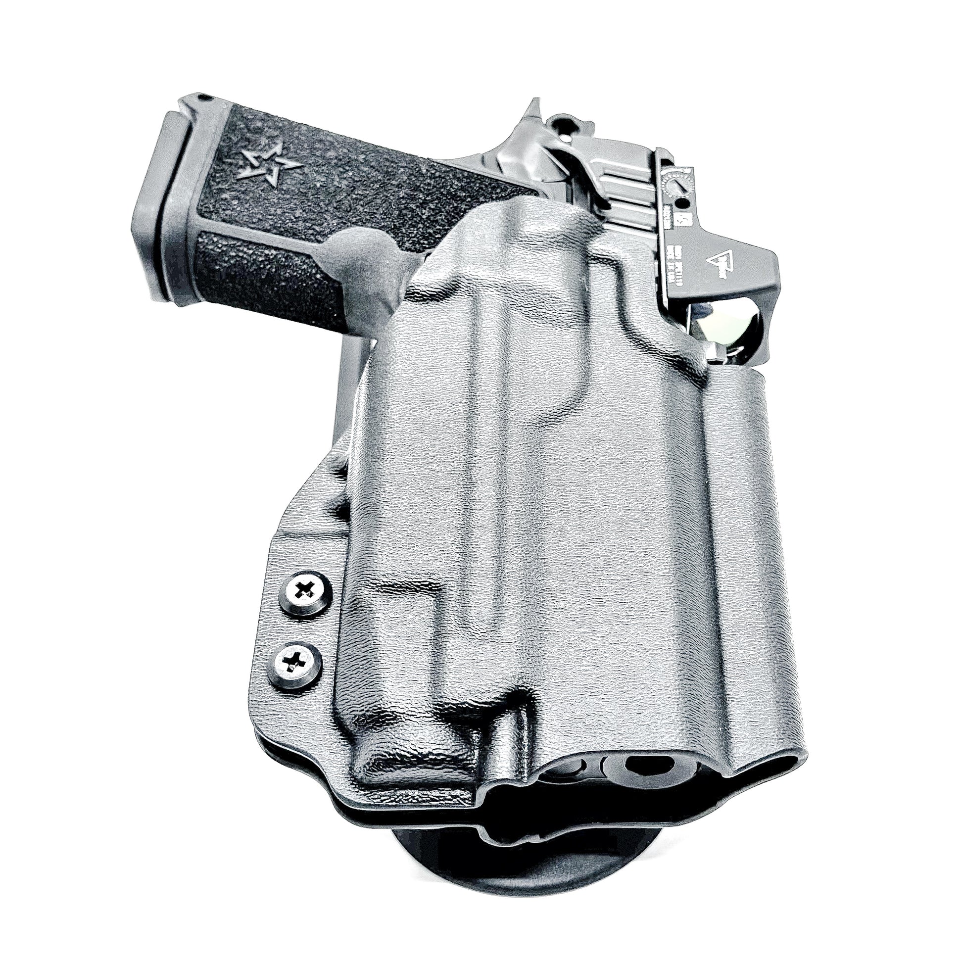 Black Duty and Competition OWB holster for the Staccato HD C3.6 and Strreamlight TLR-7 X with a duty drop attachment.