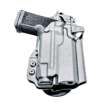 Black Duty and Competition OWB holster for the Staccato HD C3.6 and Strreamlight TLR-7 X with a duty drop attachment.