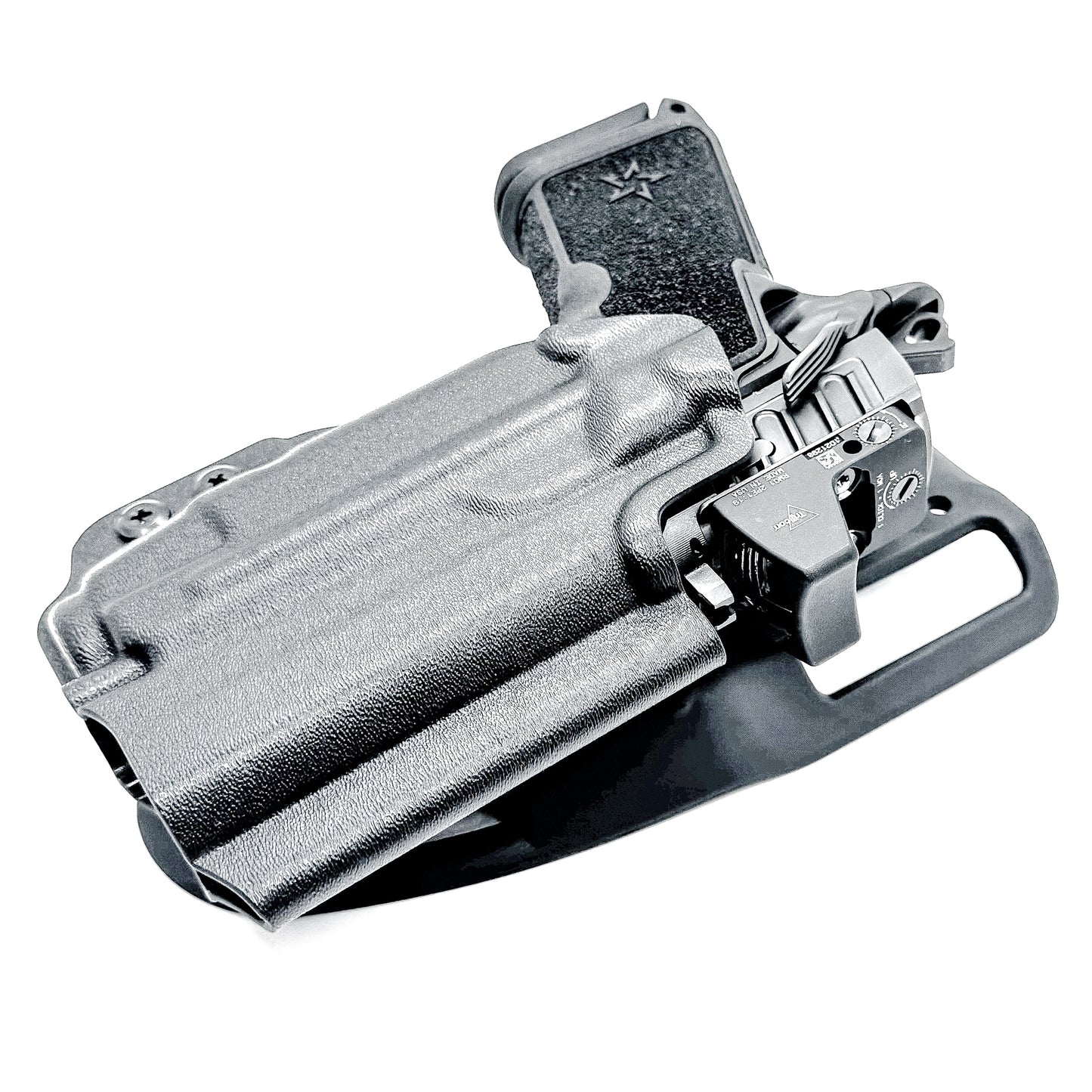 Black Duty and Competition OWB holster for the Staccato HD C3.6 and Strreamlight TLR-7 X with a duty drop attachment.