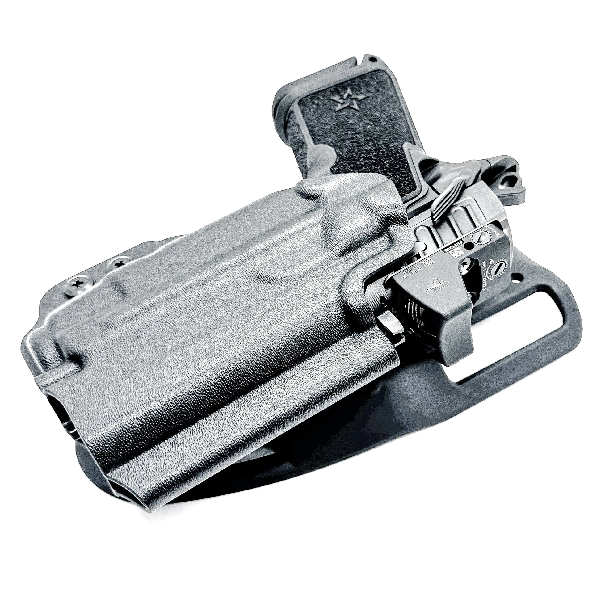 Black Duty and Competition OWB holster for the Staccato HD C3.6 and Strreamlight TLR-7 X with a duty drop attachment.