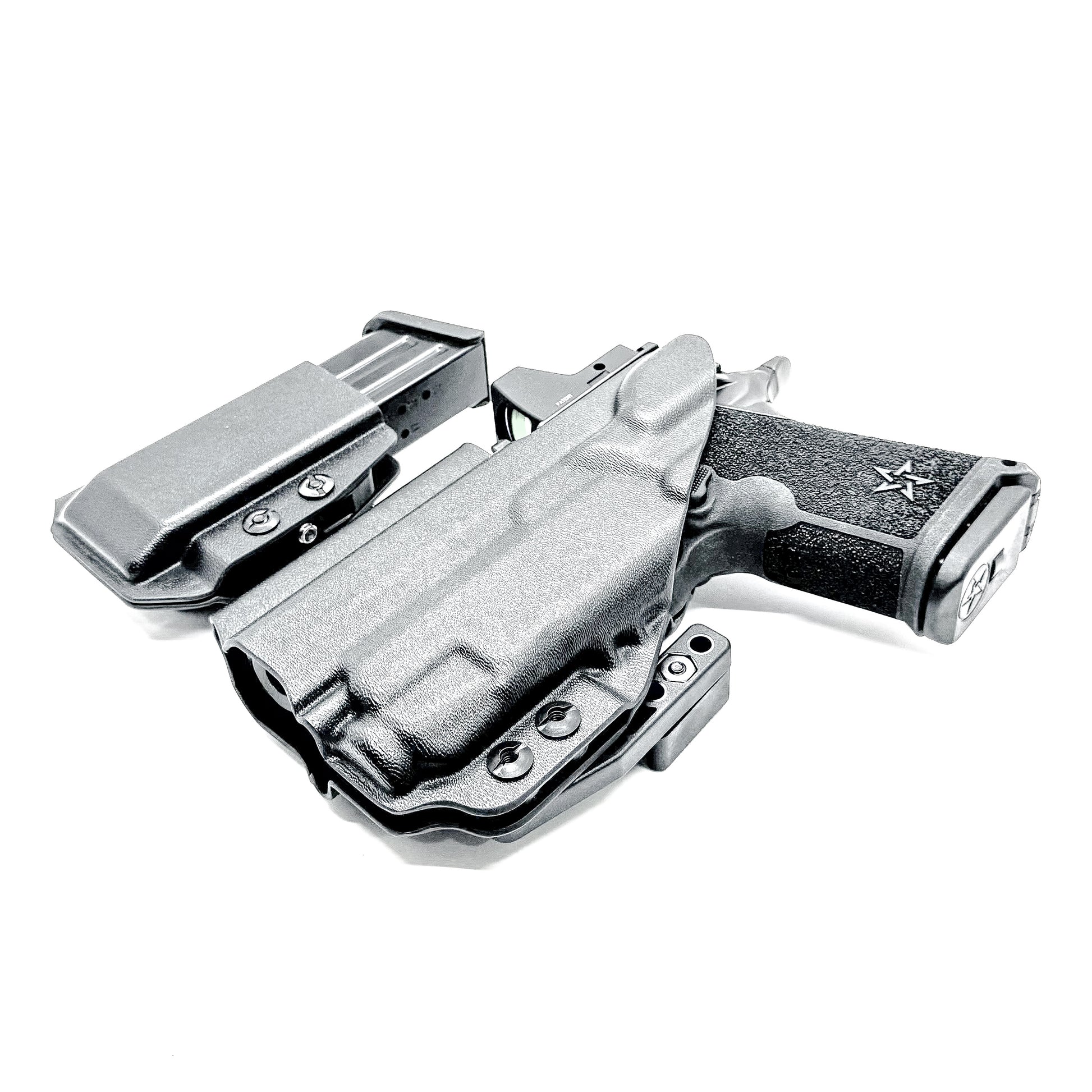 Black inside waistband IWB holster for Staccato HD C3.6 with Streamlight TLR-7 X and Glock 9 MM mag carrier. Shown with DCC Monoblock and a modwing.