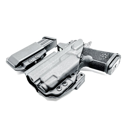 Black inside waistband IWB holster for Staccato HD C3.6 with Streamlight TLR-7 X and Glock 9 MM mag carrier. Shown with DCC Monoblock and a modwing.