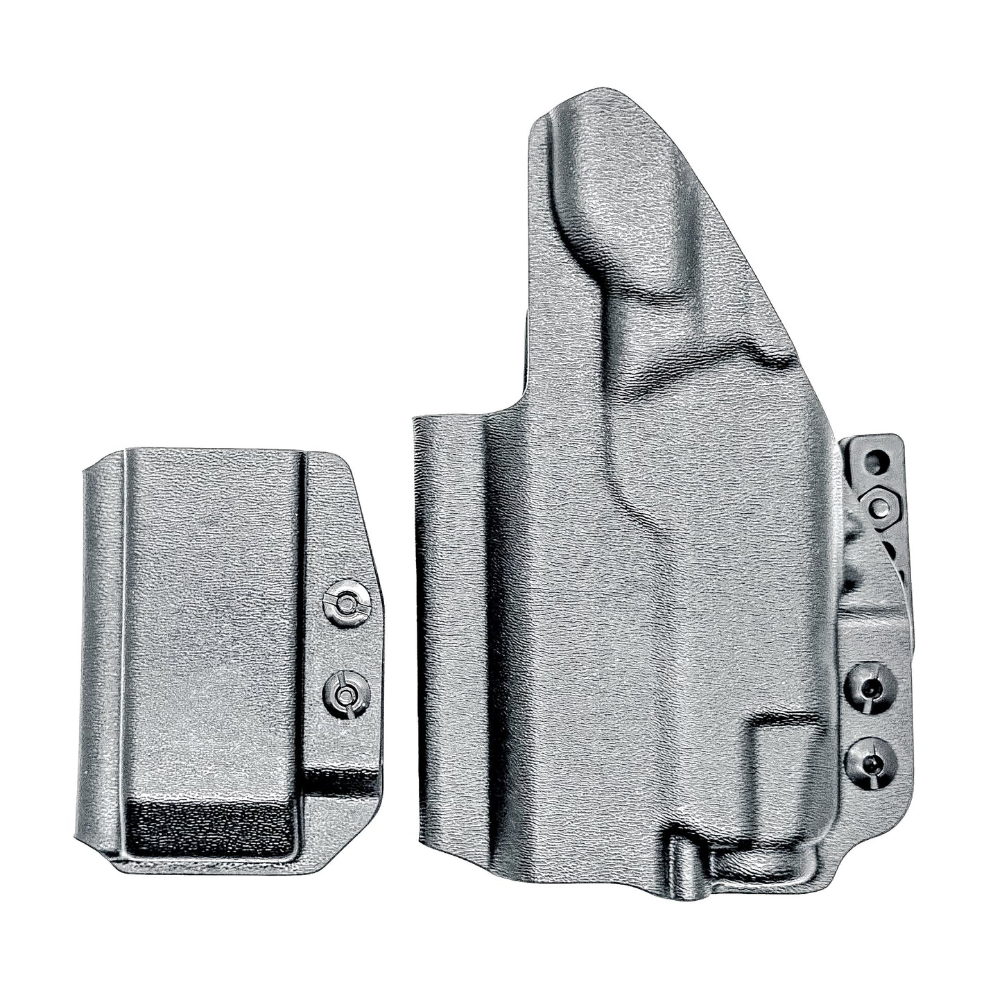 Black inside waistband IWB holster for Staccato HD C3.6 with Streamlight TLR-7 X and Glock 9 MM mag carrier. Shown with DCC Monoblock and a modwing.