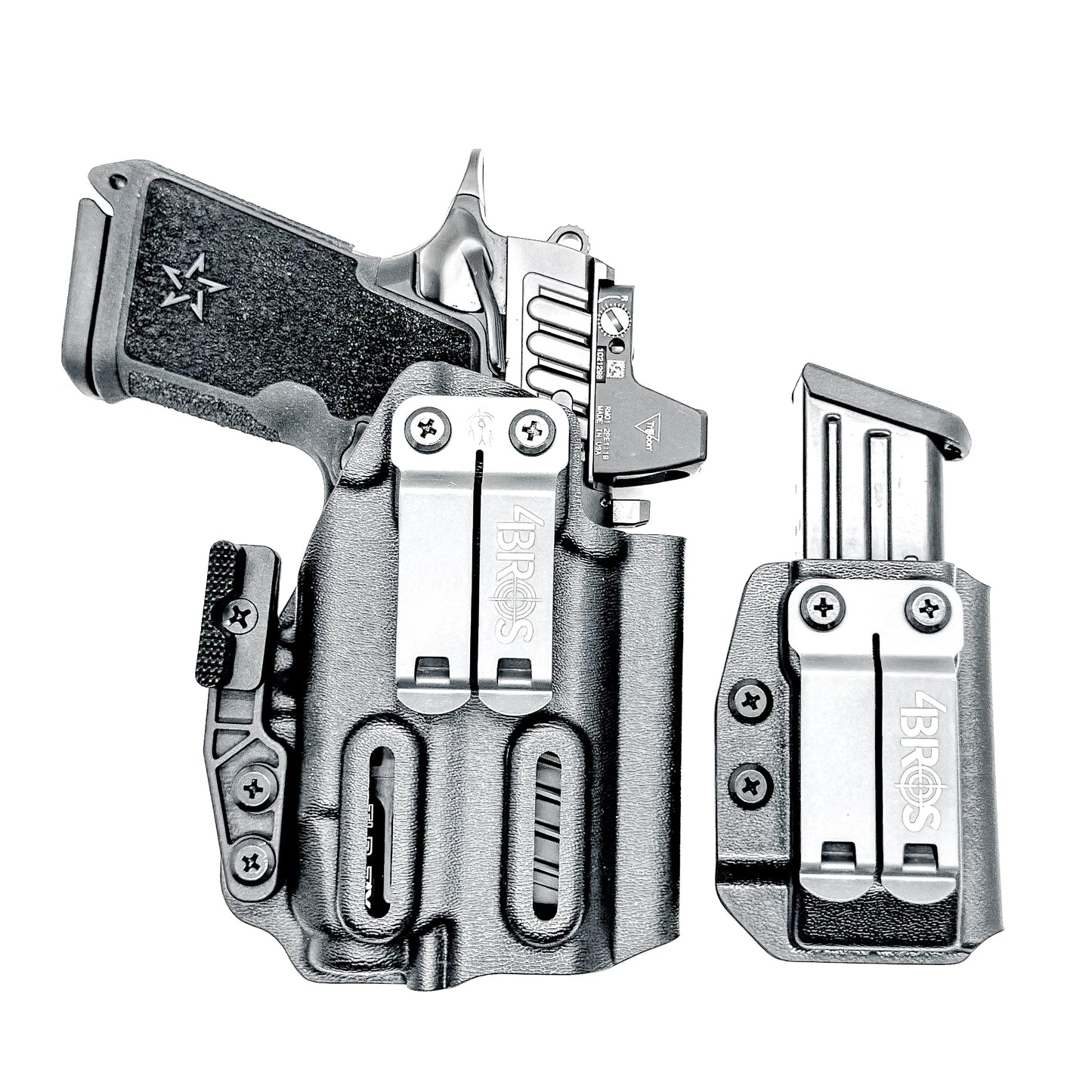 Black inside waistband IWB holster for Staccato HD C3.6 with Streamlight TLR-7 X and Glock 9 MM mag carrier. Shown with DCC Monoblock and a modwing.