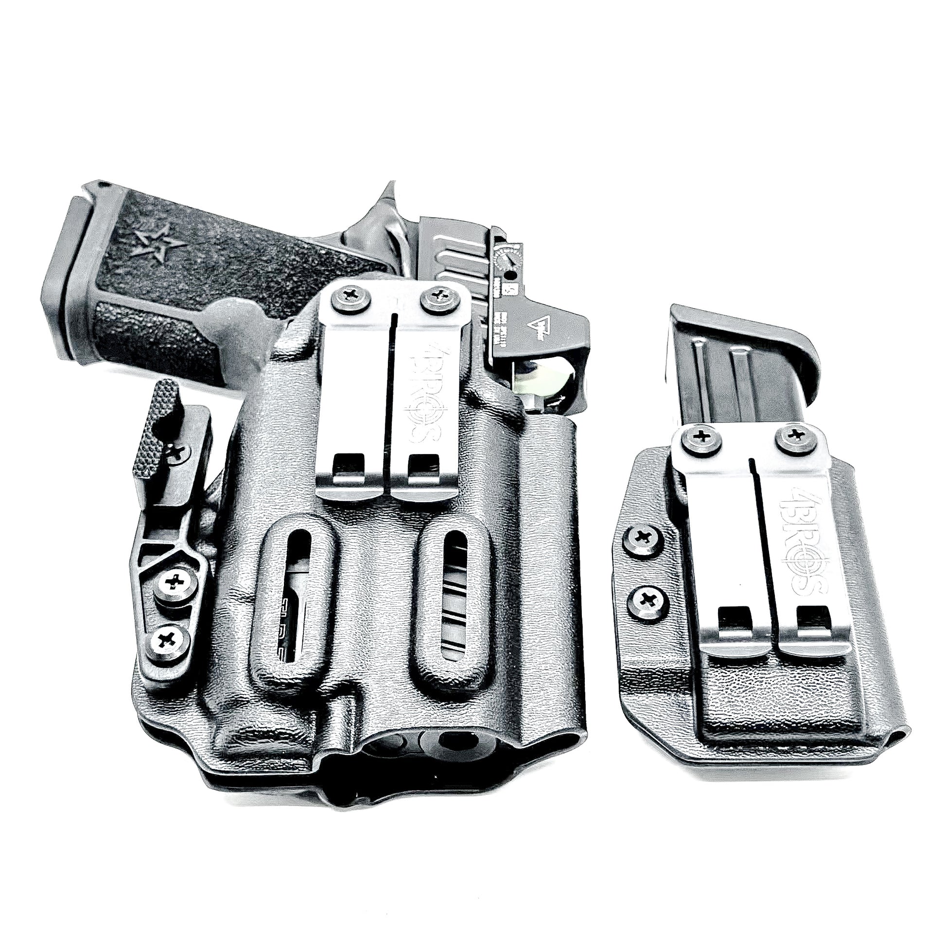 Black inside waistband IWB holster for Staccato HD C3.6 with Streamlight TLR-7 X and Glock 9 MM mag carrier. Shown with DCC Monoblock and a modwing.