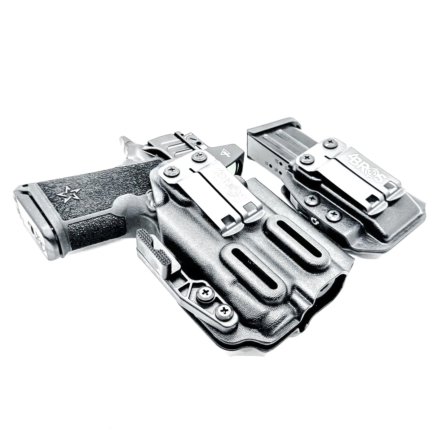 Black inside waistband IWB holster for Staccato HD C3.6 with Streamlight TLR-7 X and Glock 9 MM mag carrier. Shown with DCC Monoblock and a modwing.