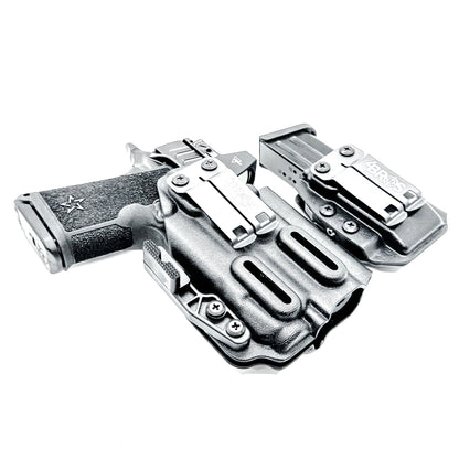 Black inside waistband IWB holster for Staccato HD C3.6 with Streamlight TLR-7 X and Glock 9 MM mag carrier. Shown with DCC Monoblock and a modwing.