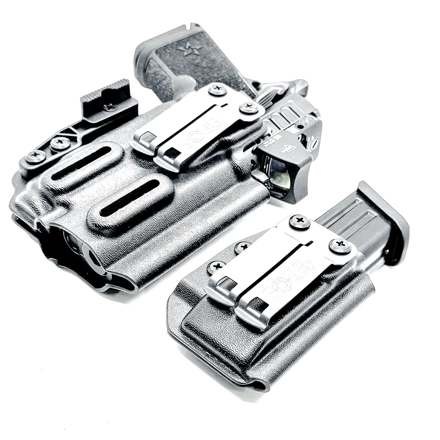 Black inside waistband IWB holster for Staccato HD C3.6 with Streamlight TLR-7 X and Glock 9 MM mag carrier. Shown with DCC Monoblock and a modwing.