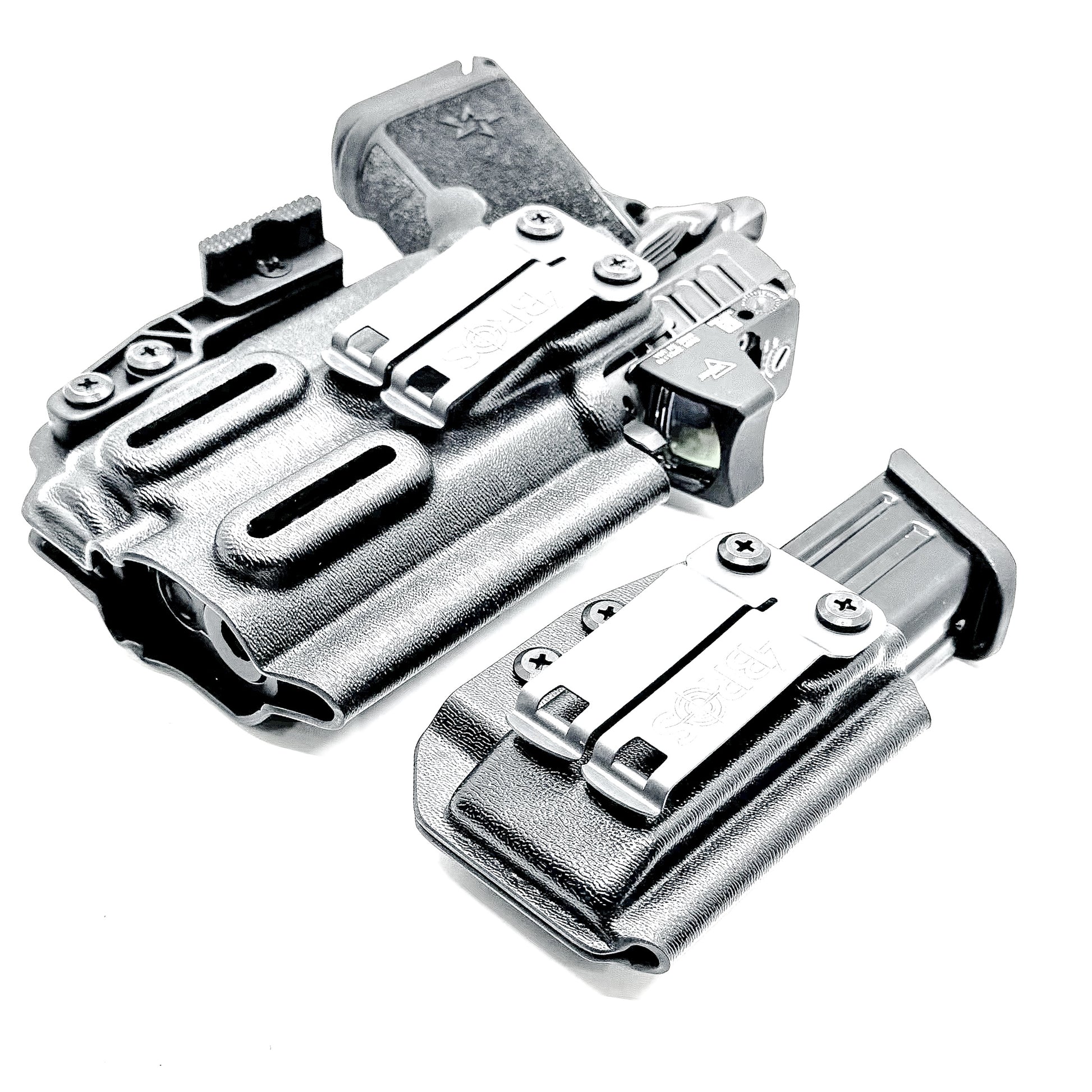 Black inside waistband IWB holster for Staccato HD C3.6 with Streamlight TLR-7 X and Glock 9 MM mag carrier. Shown with DCC Monoblock and a modwing.