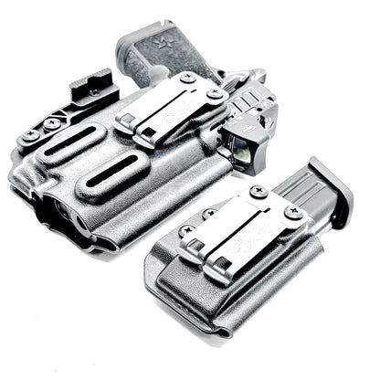 Black inside waistband IWB holster for Staccato HD C3.6 with Streamlight TLR-7 X and Glock 9 MM mag carrier. Shown with DCC Monoblock and a modwing.