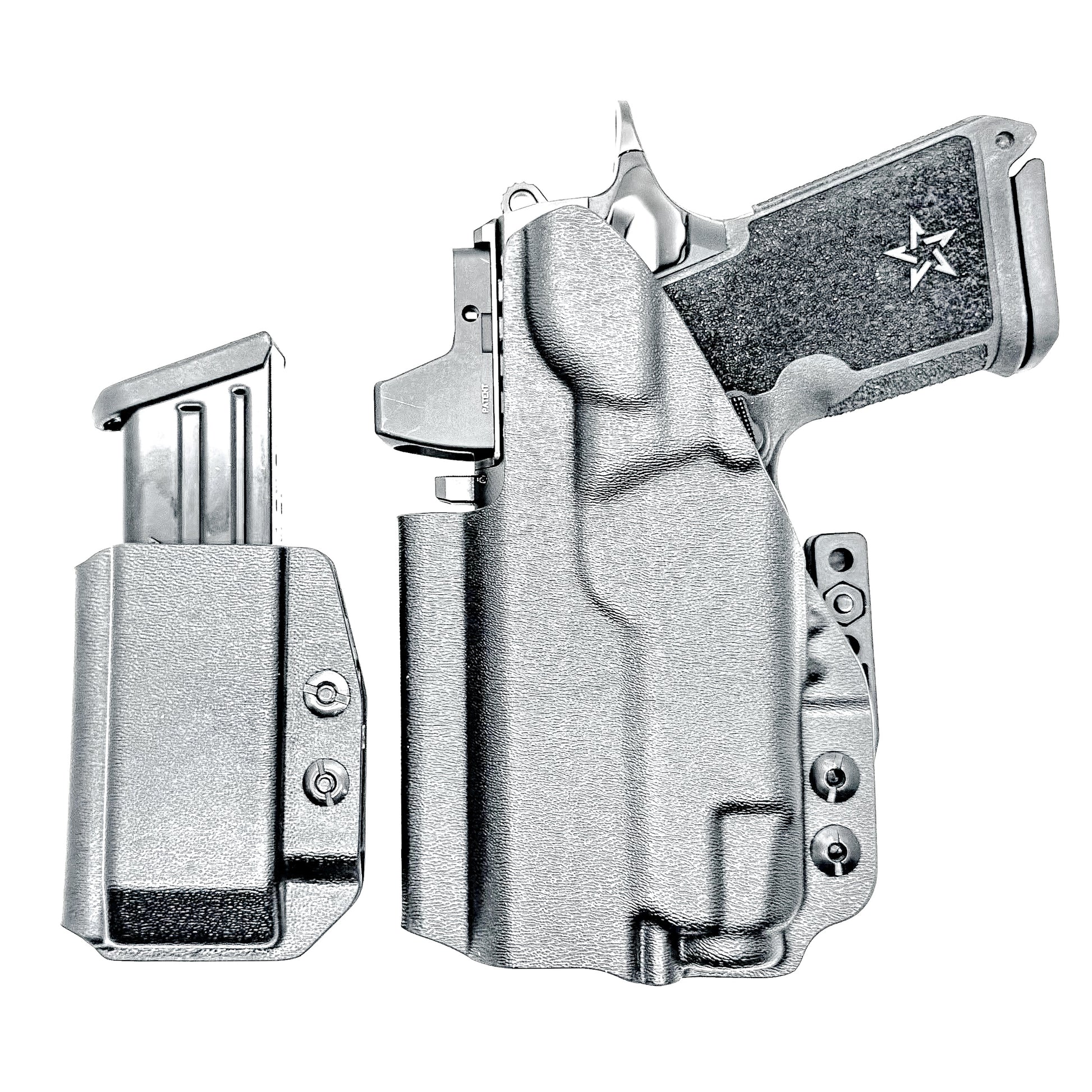 Black inside waistband IWB holster for Staccato HD C3.6 with Streamlight TLR-7 X and Glock 9 MM mag carrier. Shown with DCC Monoblock and a modwing.