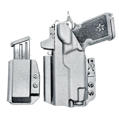 Black inside waistband IWB holster for Staccato HD C3.6 with Streamlight TLR-7 X and Glock 9 MM mag carrier. Shown with DCC Monoblock and a modwing.