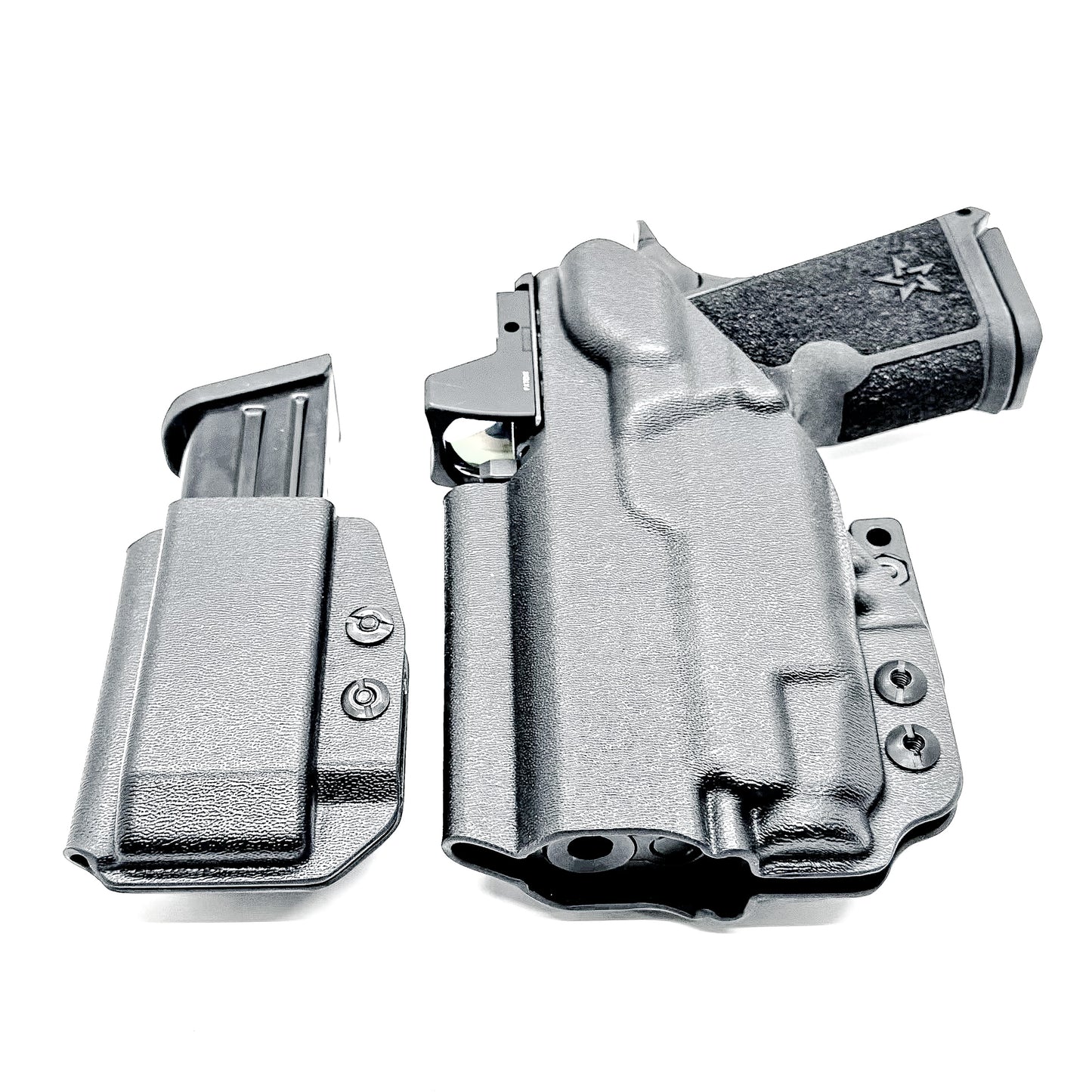 Black inside waistband IWB holster for Staccato HD C3.6 with Streamlight TLR-7 X and Glock 9 MM mag carrier. Shown with DCC Monoblock and a modwing.