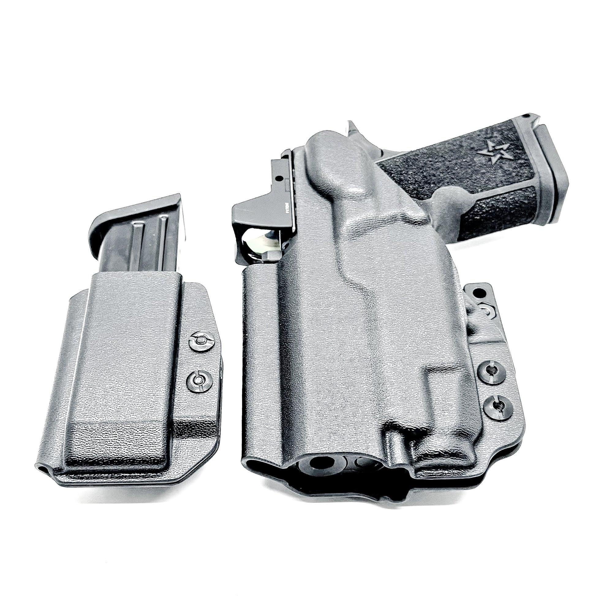 Black inside waistband IWB holster for Staccato HD C3.6 with Streamlight TLR-7 X and Glock 9 MM mag carrier. Shown with DCC Monoblock and a modwing.