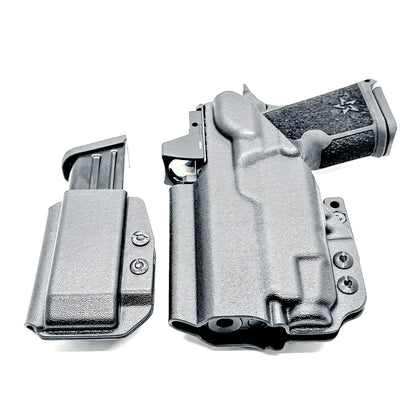 Black inside waistband IWB holster for Staccato HD C3.6 with Streamlight TLR-7 X and Glock 9 MM mag carrier. Shown with DCC Monoblock and a modwing.