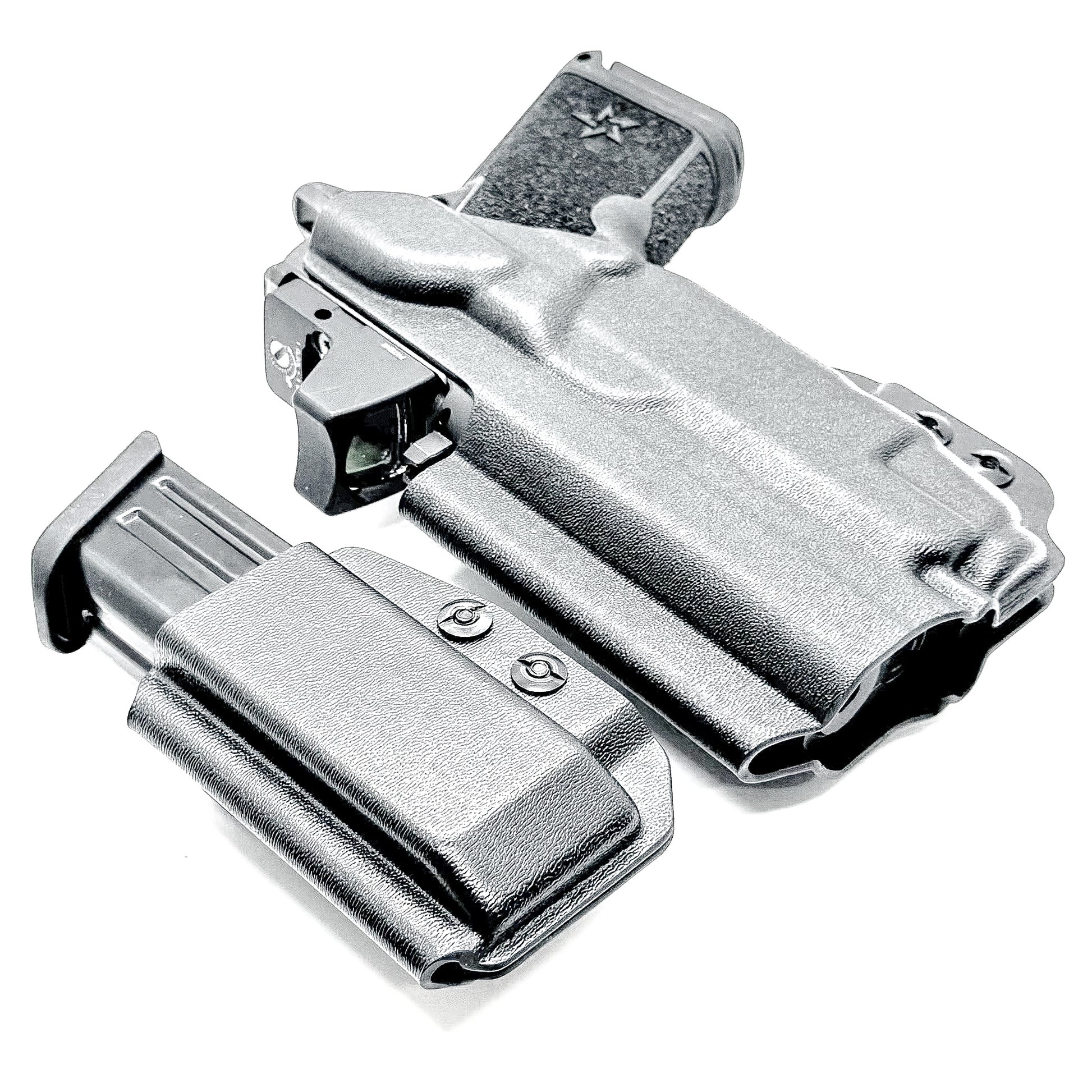 Black inside waistband IWB holster for Staccato HD C3.6 with Streamlight TLR-7 X and Glock 9 MM mag carrier. Shown with DCC Monoblock and a modwing.