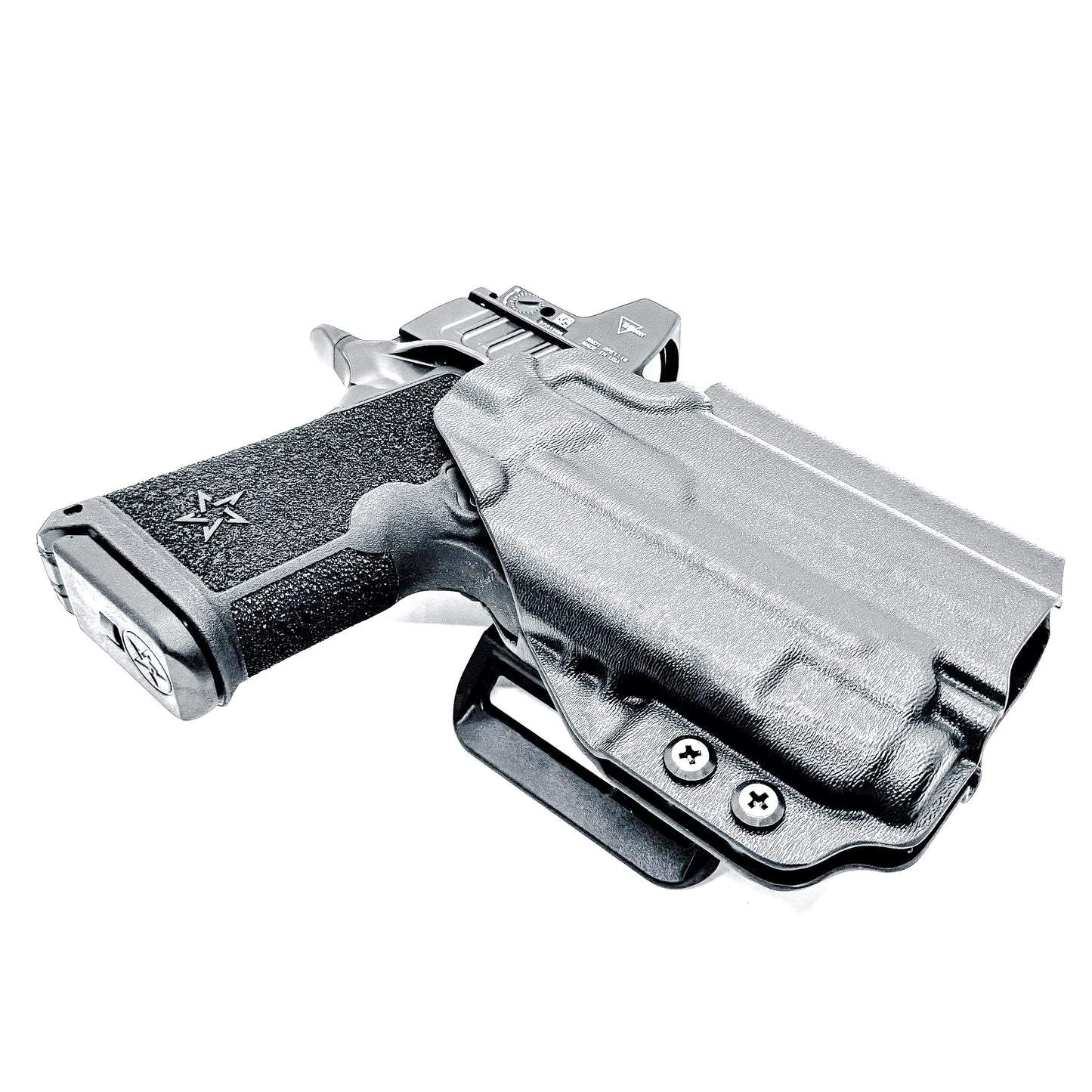 Black Outside Waistband OWB holster for the Staccato HD C3.6 and Strreamlight TLR-7 X with the 4Bros 1.5" Belt Slide.